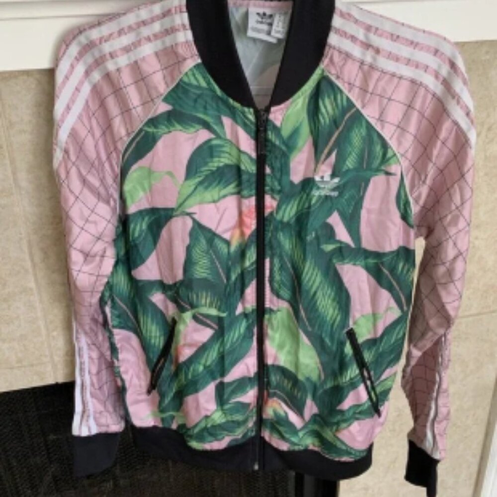 Adidas Track Jacket Womens Médium Farm Rio SST Tropical Palm Leaf Pink Full Zip